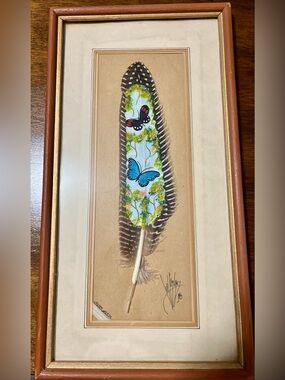 Vintage Costa Rica Hand-Painted Feather Art 1998, Framed Butterflies Folk Art